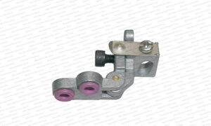 This item is a yarn guide feeder part used for industrial circular knitting machines, featuring ceramic eyelets for smooth yarn flow.